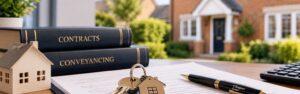 Featured Image for Exchange and Completion, Conveyancing contracts, house keys and property documents representing exchange and completion in the UK.