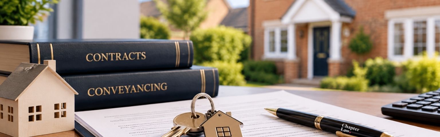 Featured Image for Exchange and Completion, Conveyancing contracts, house keys and property documents representing exchange and completion in the UK.
