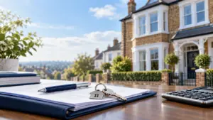 Conveyancing Cost, The Image consist, documents, house keys and calculator with a residential property in the background.