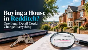 Conveyancing Solicitors in Redditch – house keys and property documents on a desk with residential homes in the background.