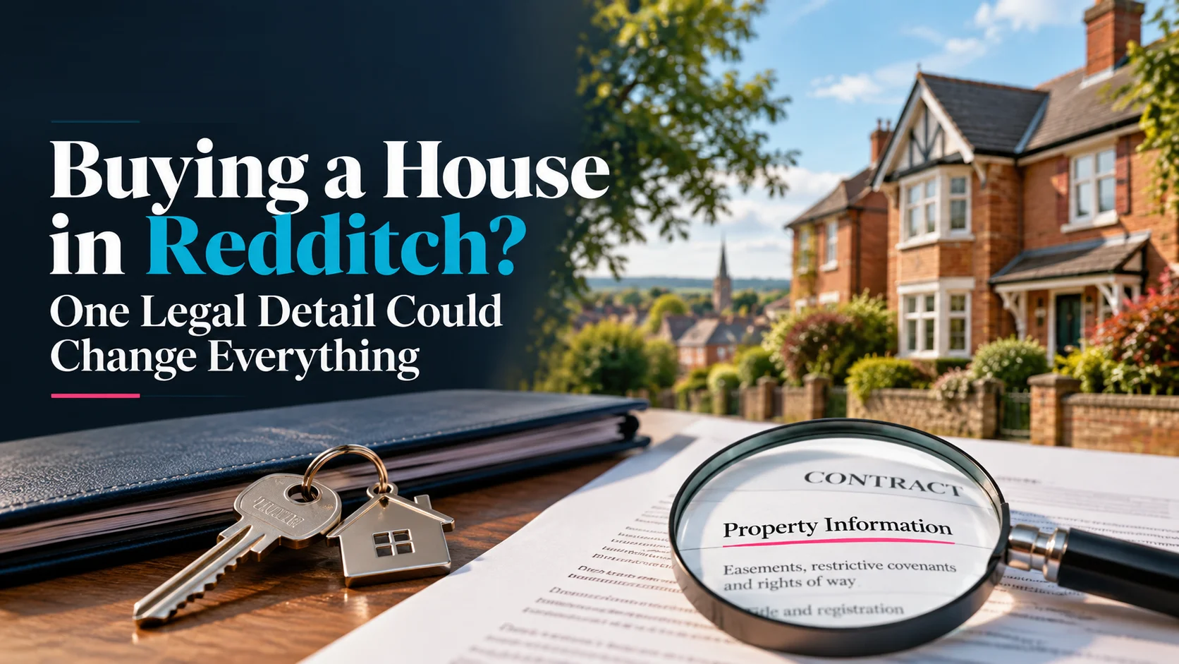 Conveyancing Solicitors in Redditch – house keys and property documents on a desk with residential homes in the background.