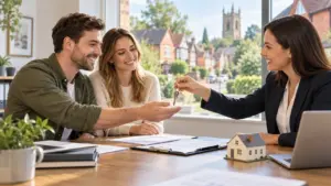 First time buyer solicitor in Bromsgrove meeting a new home owner while reviewing property documents and receiving house keys