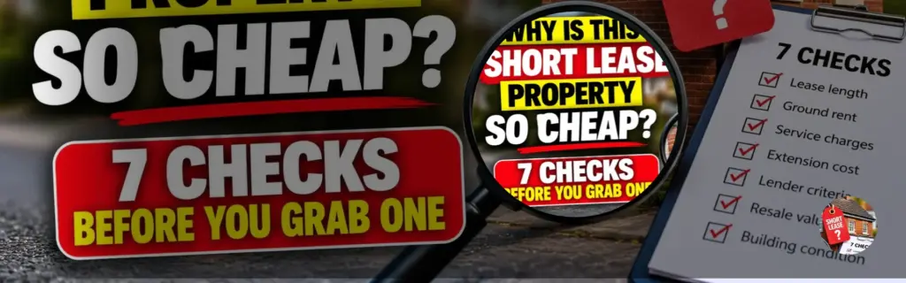Fetaured Image for,"Why Is This Short Lease Property So Cheap: 7 Checks Before You Grab One" Bold Text Heading and Hose Image with Tag in the Background